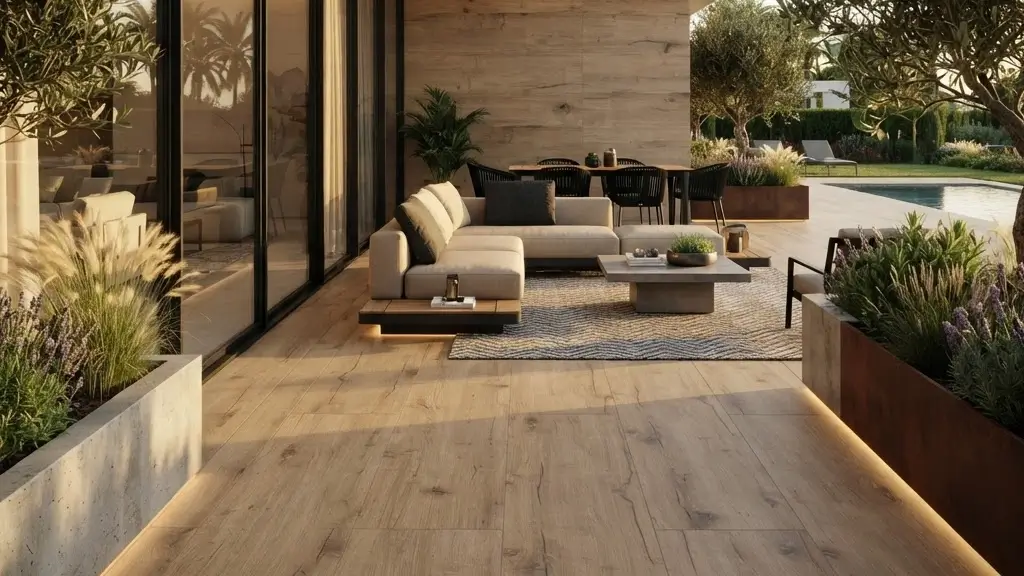 Plyta-tarasowa-20mm-suomi-cream-120x40x2-cm przytulna strefa relaksu na tarasie z gresu Suomi Cream imitującego naturalne drewno