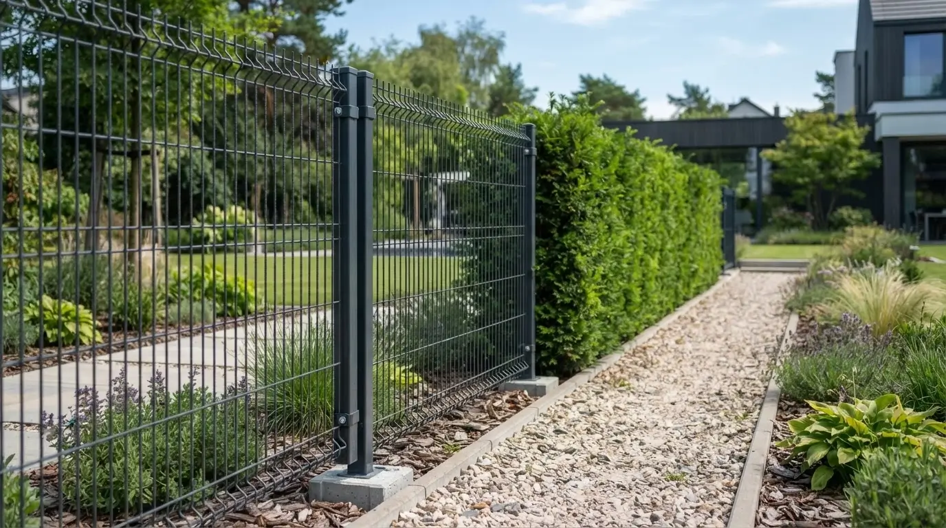 ogrodzenie-panelowe-3d-antracyt-slupki-stalowe Ogrodzenie panelowe 3D w kolorze antracytowym na słupkach stalowych
