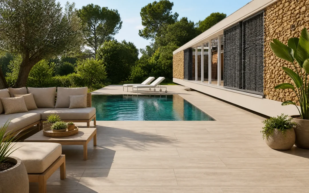taras z basenem wykończony gresem White Travertine w jasnym, trawertynowym wzorze