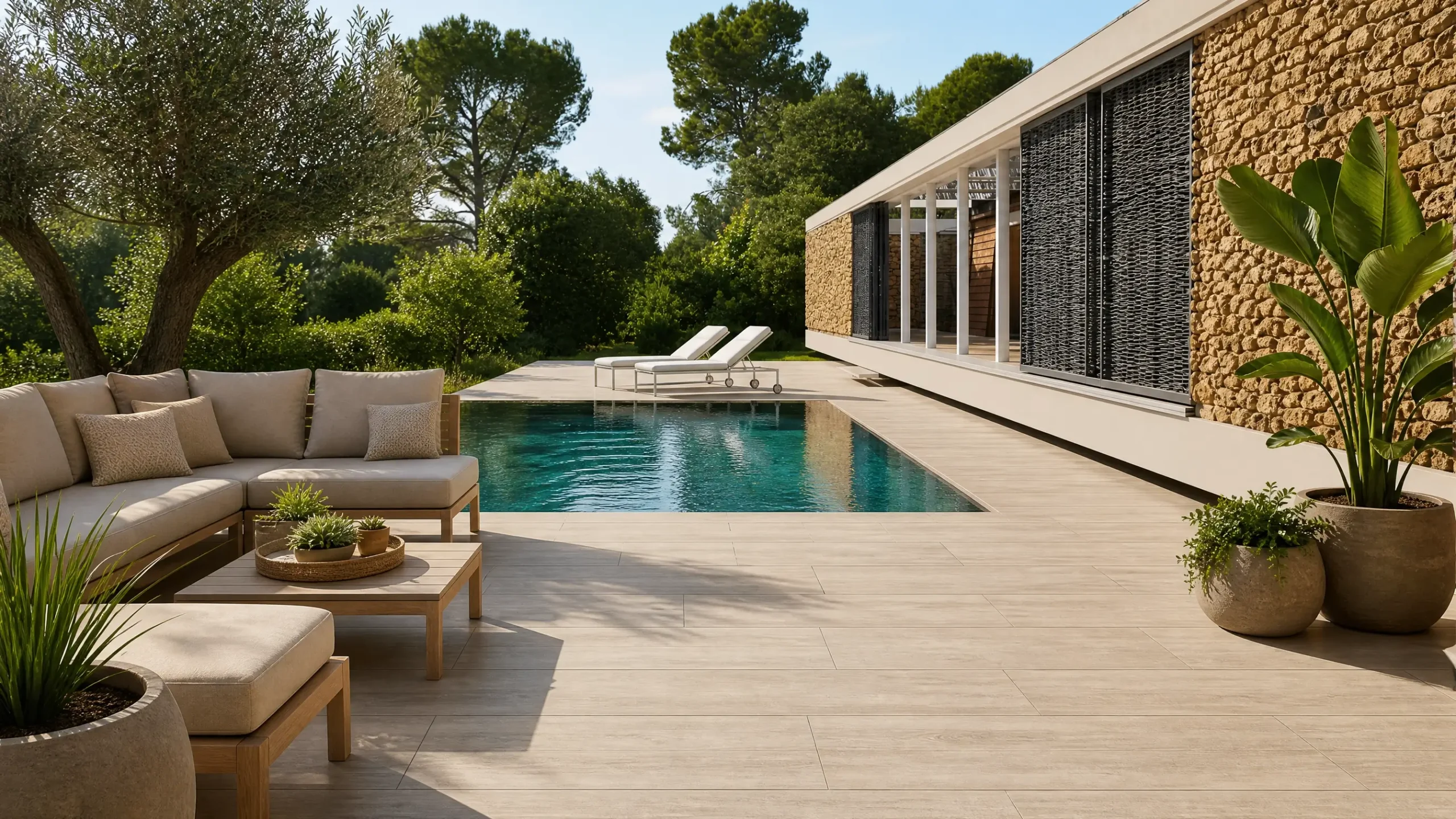 plyta-gresowa-20mm-white-travertine-90x45x2-cm nowoczesny taras z płyt gresowych Ritual Grey imitujących szary marmur, elegancka strefa wypoczynkowa