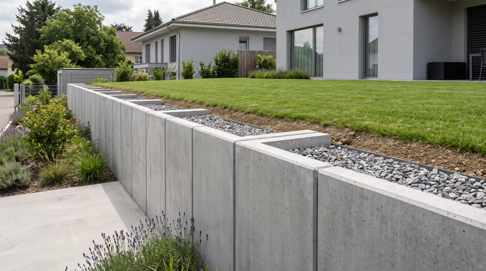 betonowe-l-sciana-oporowa-ogrod-realizacja nowoczesne ogrodzenie zrobione z betonowych L