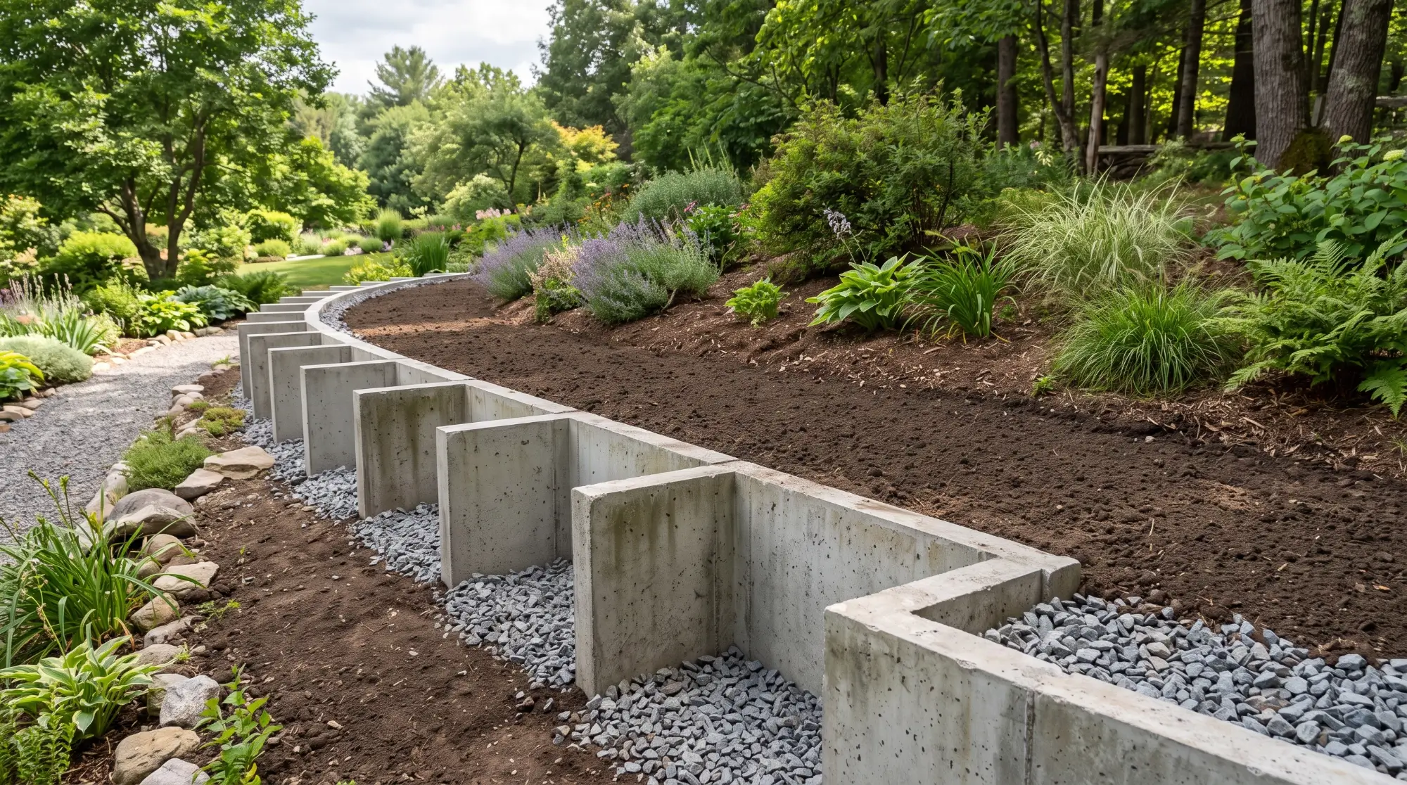 betonowe-l-sciana-oporowa-ogrod nowoczesne ogrodzenie zrobione z betonowych L